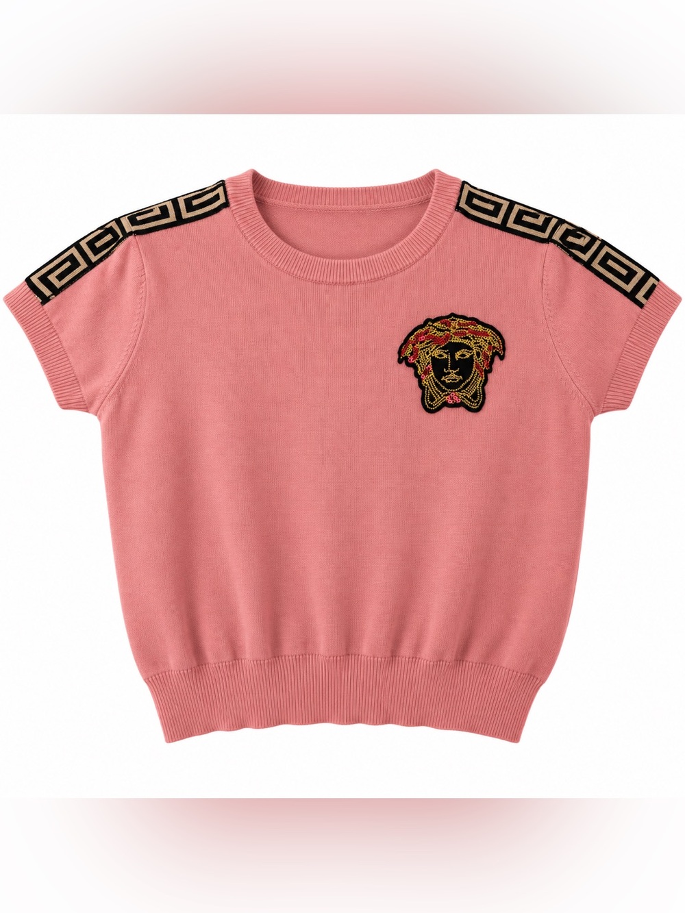 Versace Coral Pink Short-Sleeve Medusa Knit Top with Branded Shoulder Trim